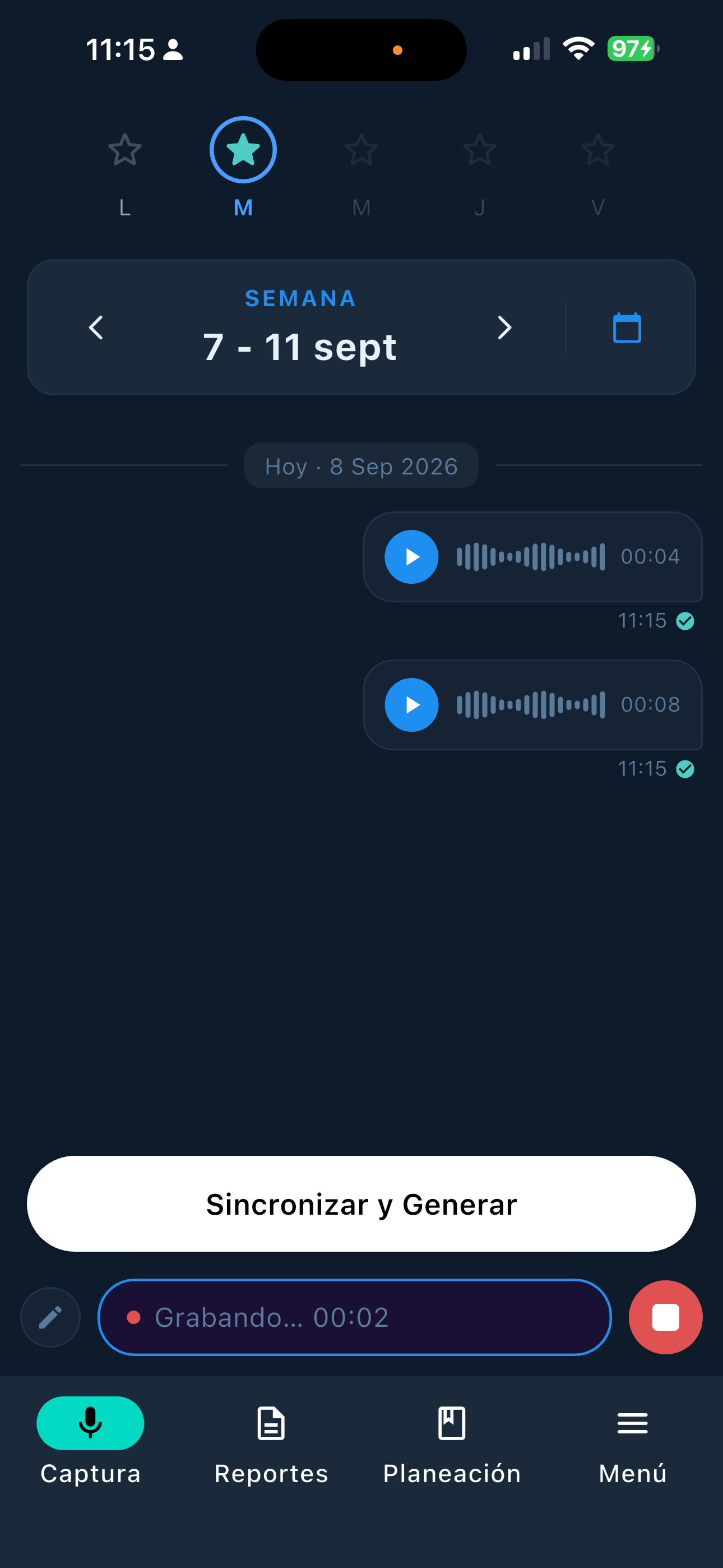 Pantalla de captura de Aulitek grabando un audio, con la semana y el botón de grabar visibles